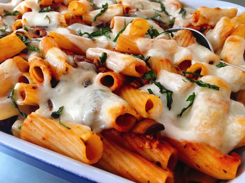 Rigatoni, canned tomatoes, ground meat and mozzarella cheese make an easy, one-dish meal.