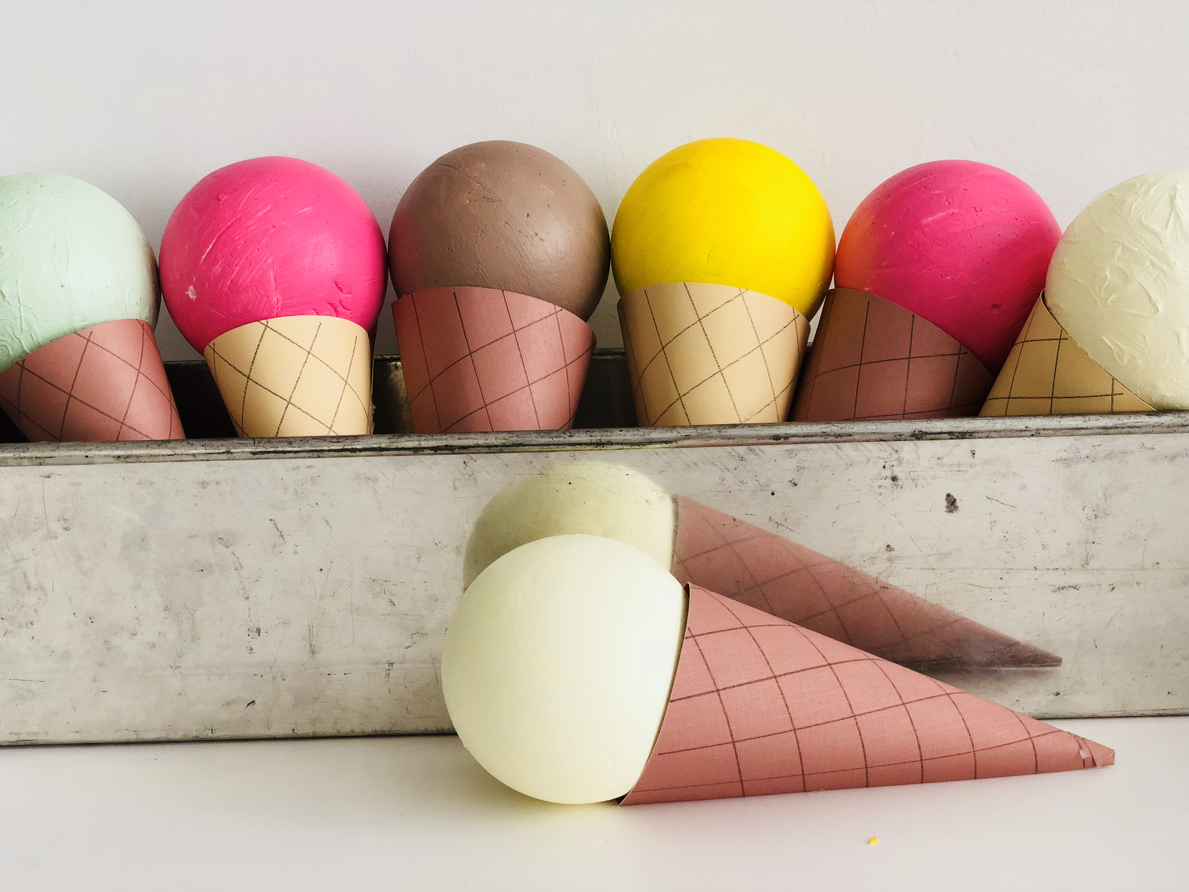 Styrofoam ice cream on card stock cones are fun for kids. One of our kids crafts idea for the summer.