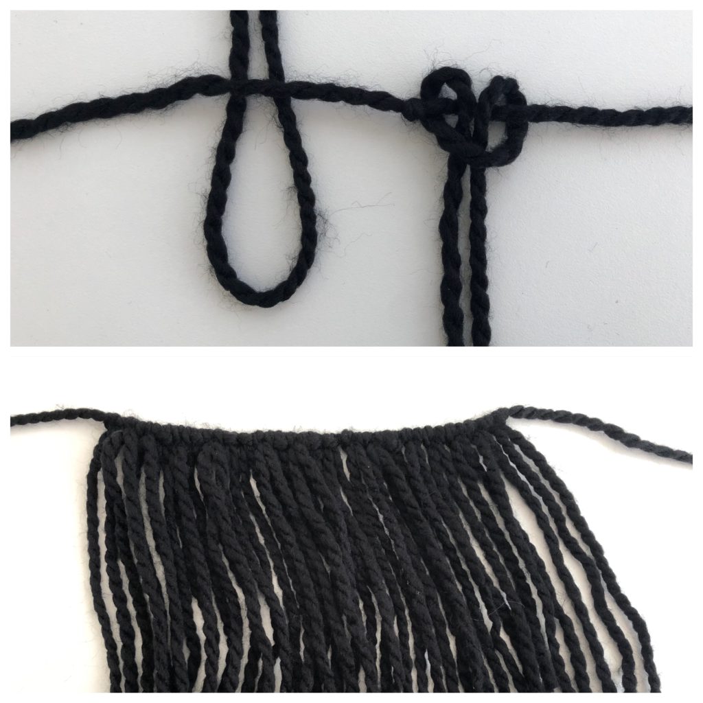 Yarn is used for the hair.  Cut a length of yarn as an anchor, and loop yarn hair through the anchor yarn to form a full head of hair.