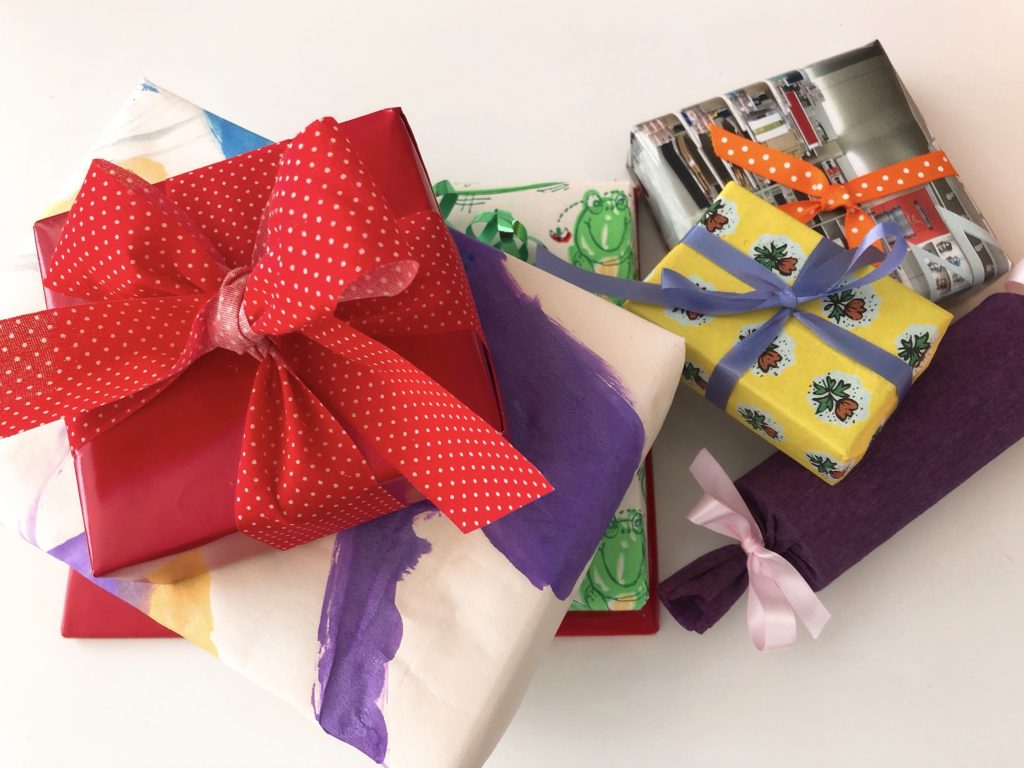 Colorfully wrapped gifts await--it's  our quirky, gift-giving Labor Day tradition.