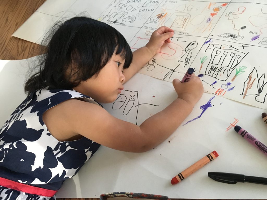 Drawing pictures on an oversize calendar gives a child a visual record of what they saw that day.
