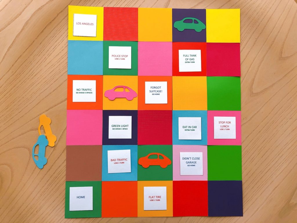 You can make your own board game with cardstock squares, consequence cards, and a cut-out car for each player.