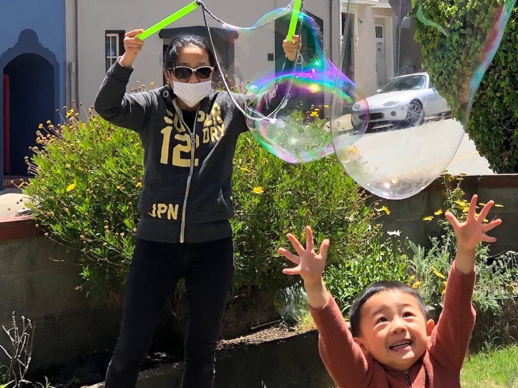 Giant bubble wands entertain the kids in our small yard. They were not allowed in the house.