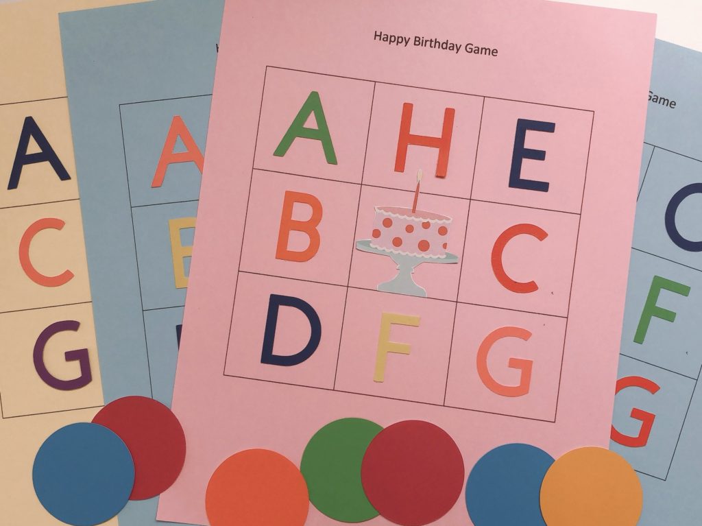This simple-to-make kids' birthday game, is like bingo, except the squares have letters and the object is to cover every square with a marker.
