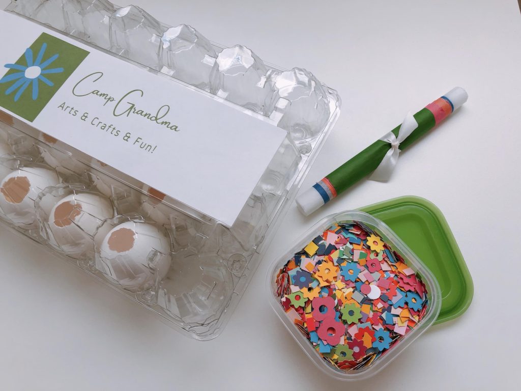 An egg carton forms the basis of this confetti egg kit.  Package with hollowed-out eggs, tissue paper and confetti.
