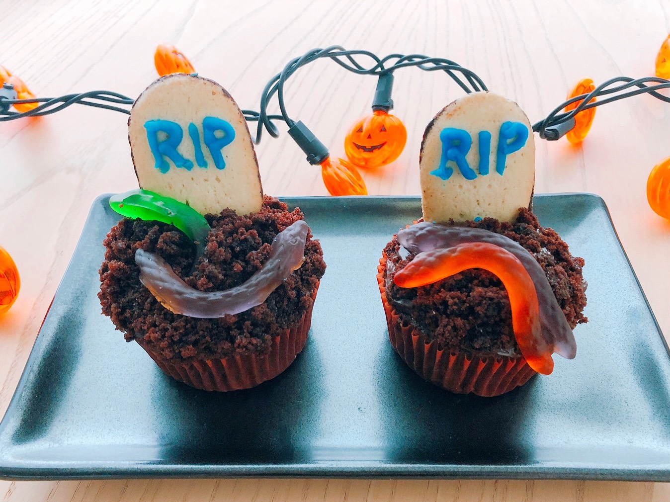 Milano cookies make the tombstones for this Halloween cupcake.