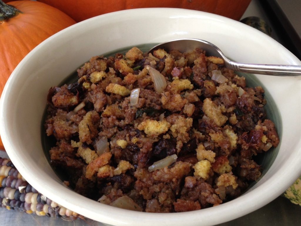 Thanksgiving dinner for two features a delicious stuffing made with sausage, pecans and prunes.
