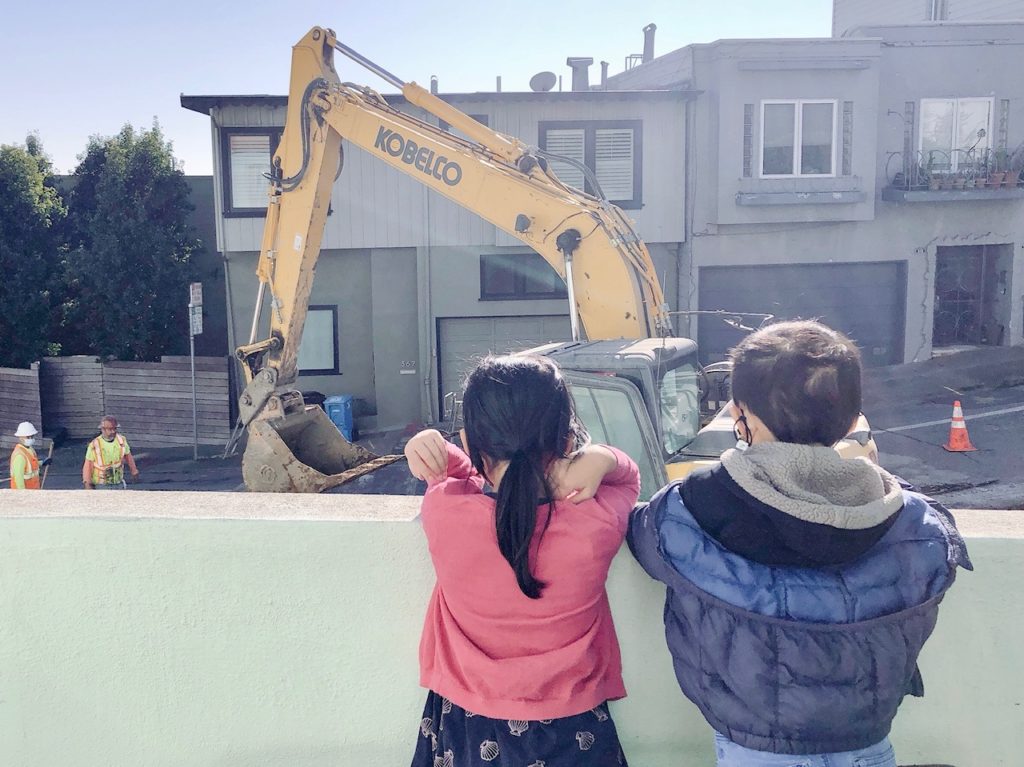 The grandchildren are fascinated by the construction outside our home. 