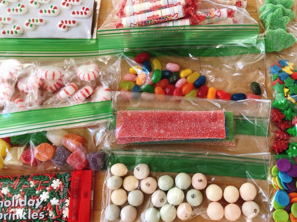 Some of the candy and cookie decorations I packed for the gingerbread house basket.