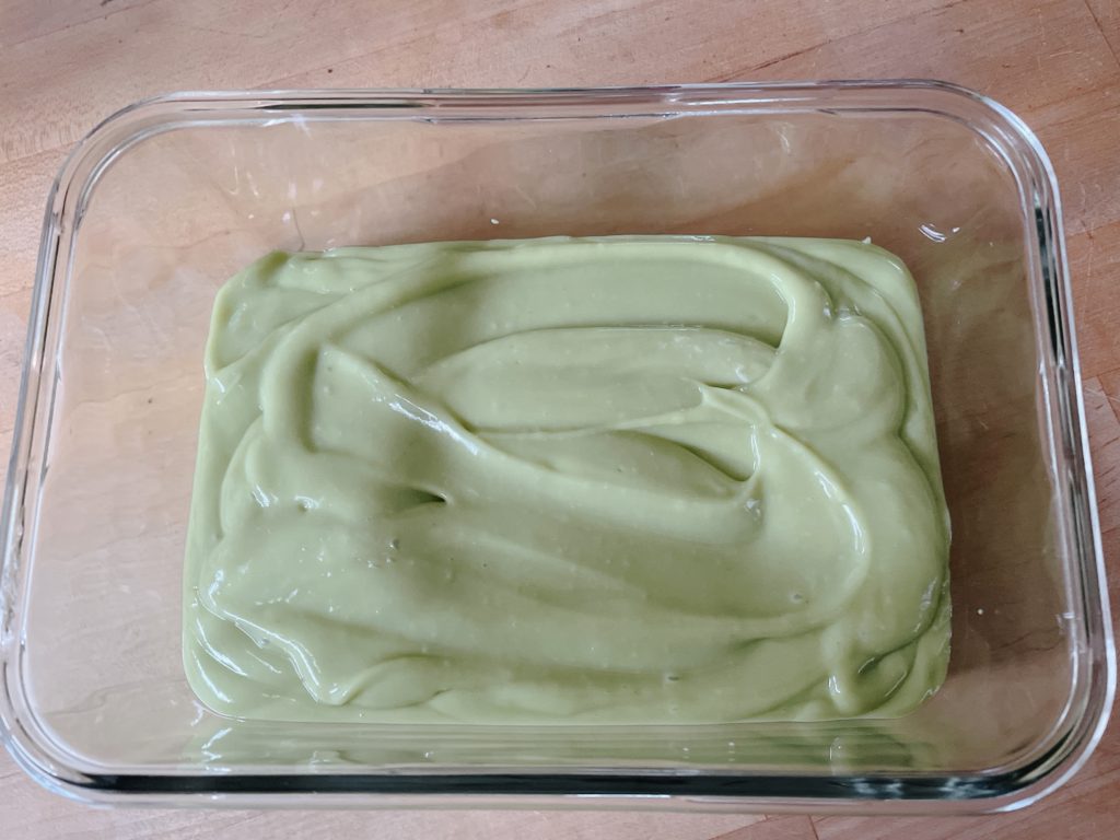 Avocado blended with lemon juice, sugar and evaporated milk is ready to freeze.