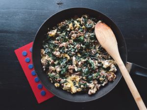 Spinach, eggs, and ground beef make this big breakfast or light supper.