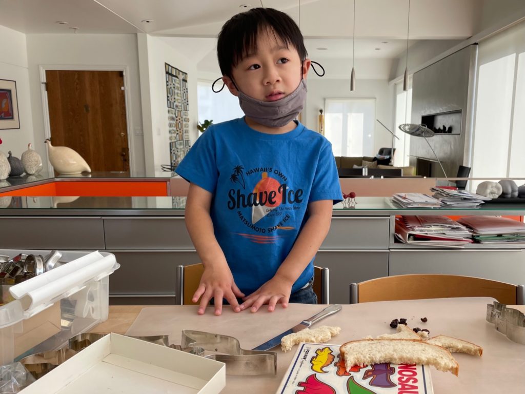 At four, a child needs some guidance in creating his own snack.