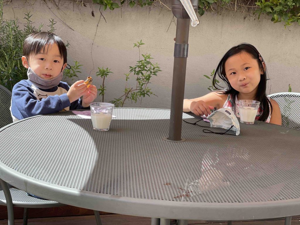 Kids enjoying the chocolate chip cookies they made, with glasses of  milk in the backyard.