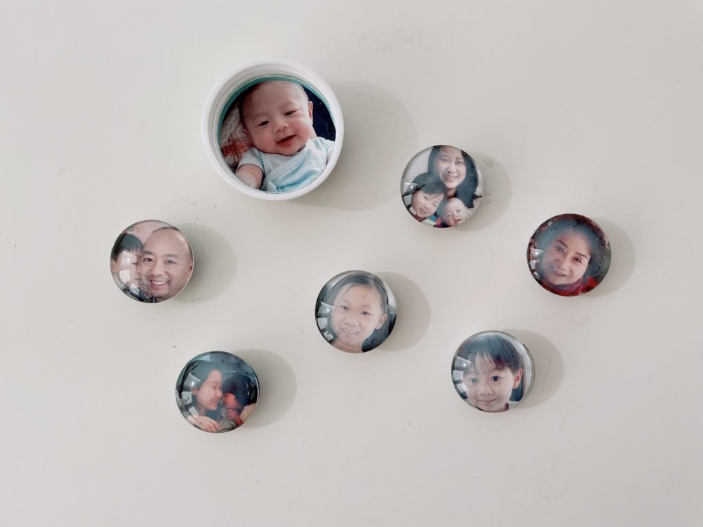 Make photo magnets for mom with glass cabochons. Or insert photos in jar caps.