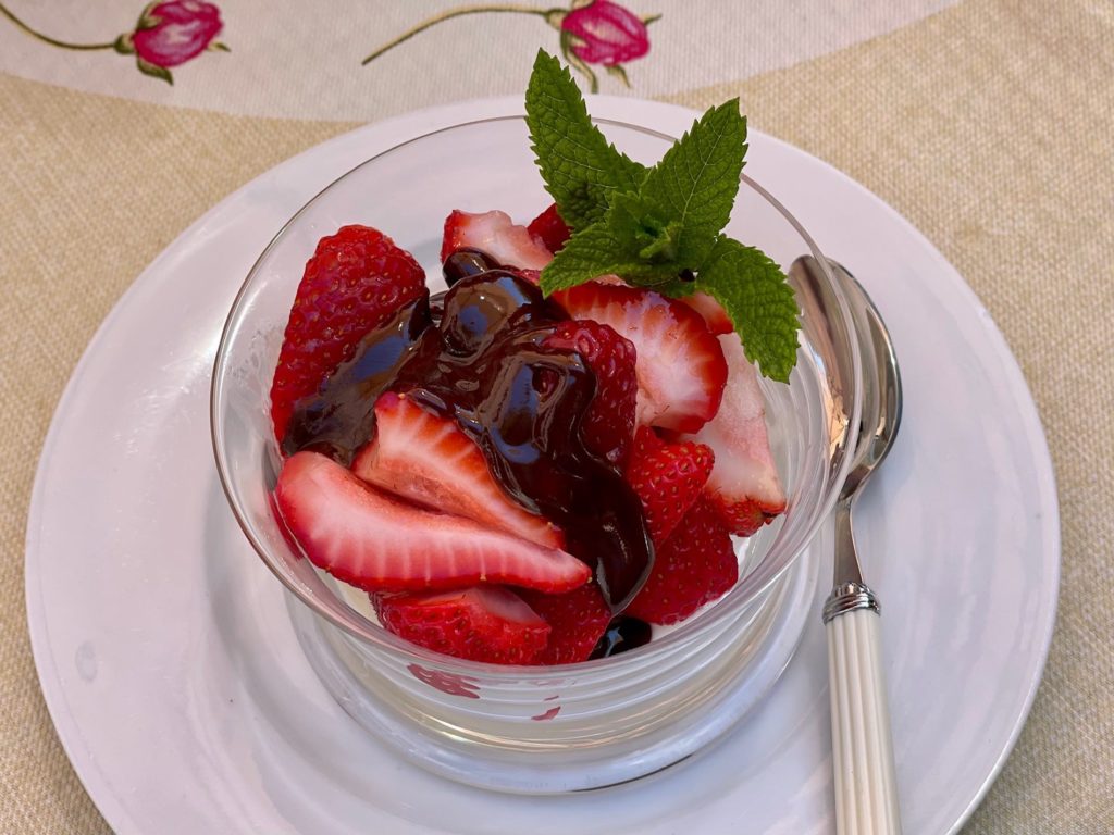 For a simple, seasonal dessert: vanilla ice cream topped with strawberries served with a pitcher of chocolate sauce for drizzling.