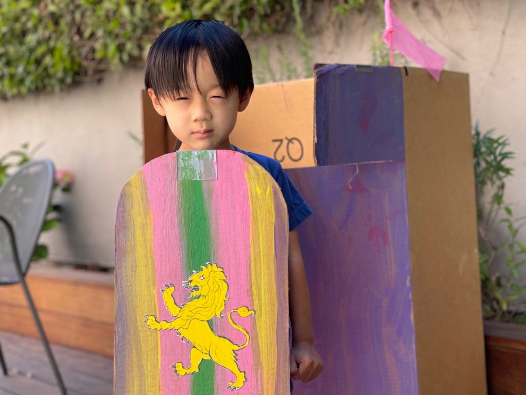 Here's a sample of the kind of crafts we'll be doing at Camp Grandma: shield and fort made from cardboard.