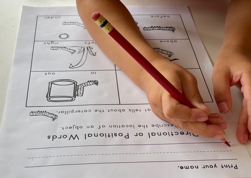 A free worksheet with directional or positional words helps the child prep for kindergarten.