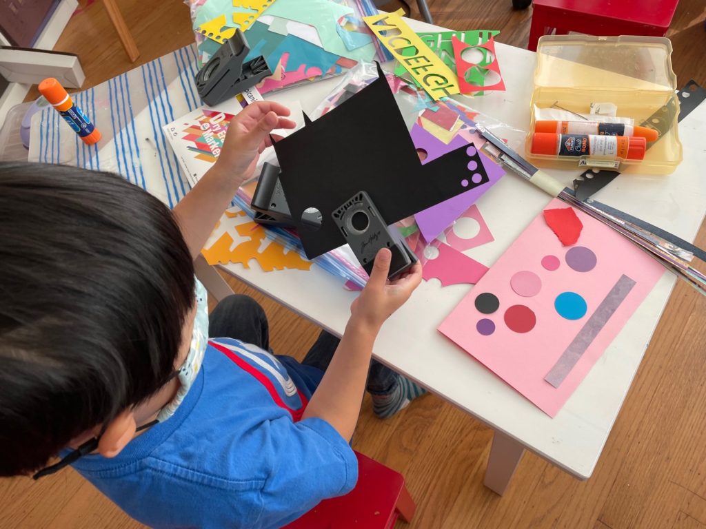 Make a greeting card from cardstock scraps. This modern art card features circles and rectangles.