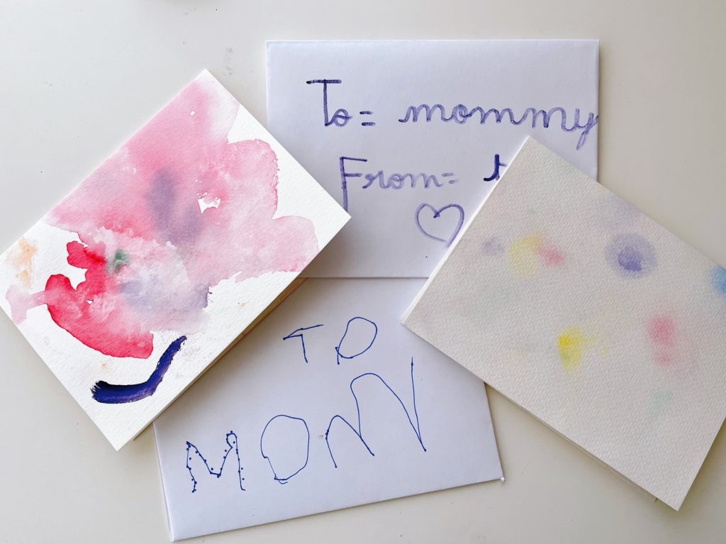 Make a greeting card by dabbing paint on wet water color paper;   watch the colors bleed and create interesting shapes.