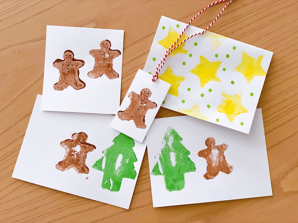 Stamped images can be used for greeting cards and gift tags. Add extra touches like faces to the gingerbread men and dots made with marking pens to fill in empty spaces.