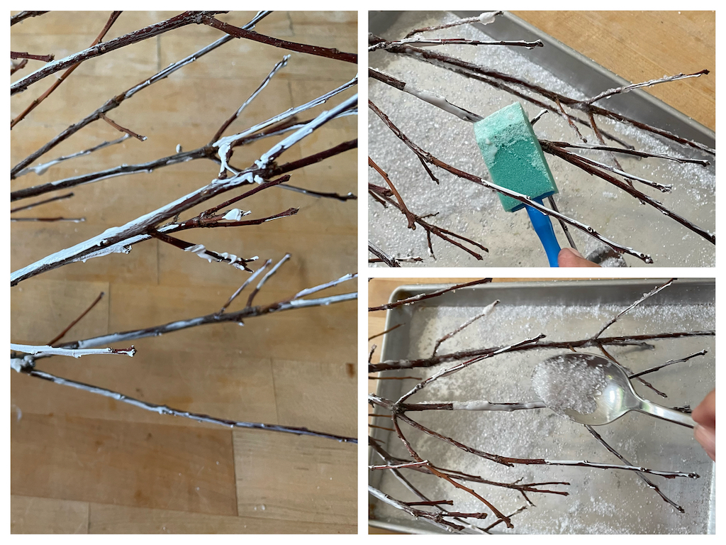 Steps for making snow encrusted branches: paint with white acrylic paint, dab with white glue, and sprinkle with epsom salt.

