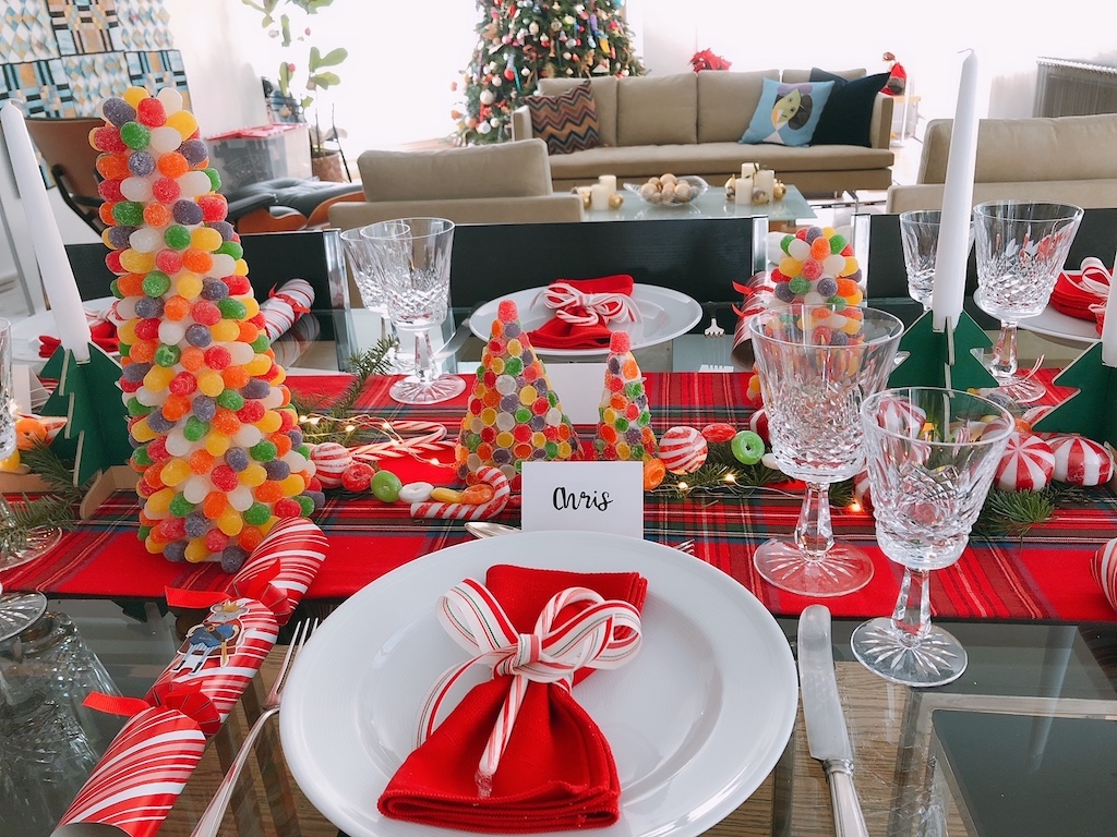 Gumdrop trees for the table are made by attaching candy to a styrofoam cone with toothpicks.