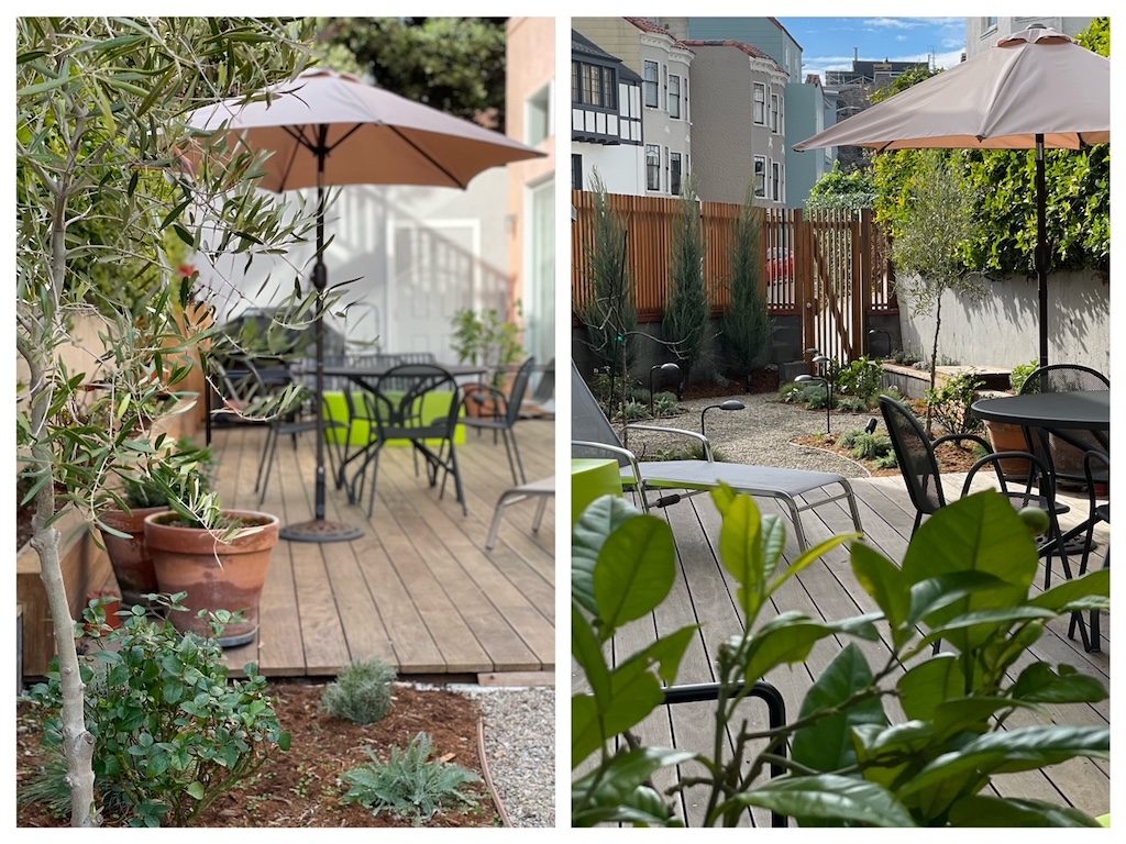 A look at the deck from the garden at left, a look at the garden from the deck at right.