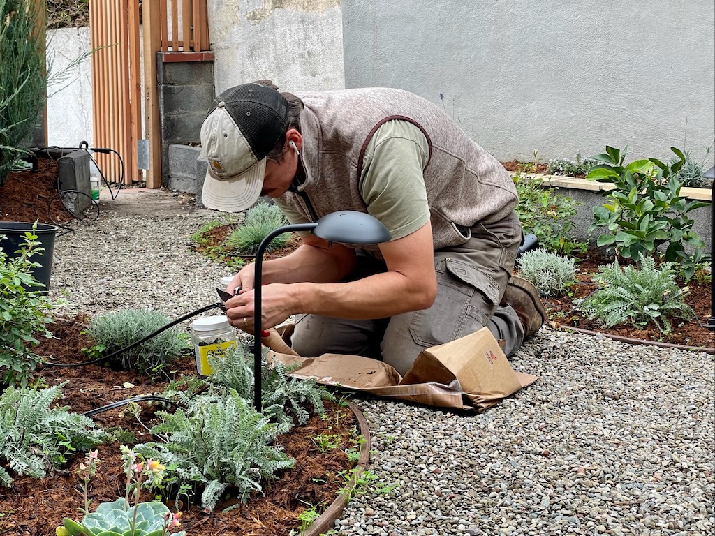 Installing path lighting and spotlights for the garden renovation.