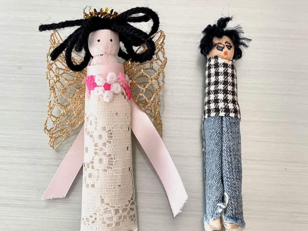 New variations of clothespin dolls: angel ornament and boy doll.