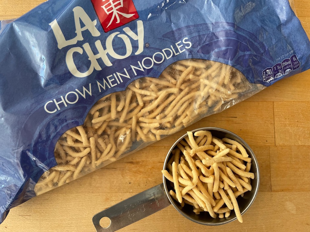 Chow mein noodles are crispy and crunchy. They're better than cereal when coated with chocolate to make candy.