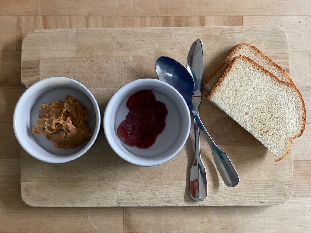 The ingredients for the peanut butter and jelly sandwich demo.