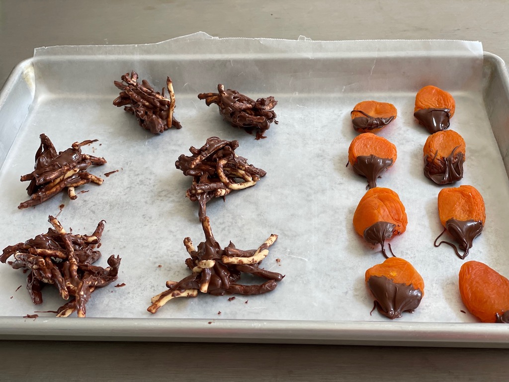 Result of the demo: chocolate haystack candy and apricots dipped in chocolate.