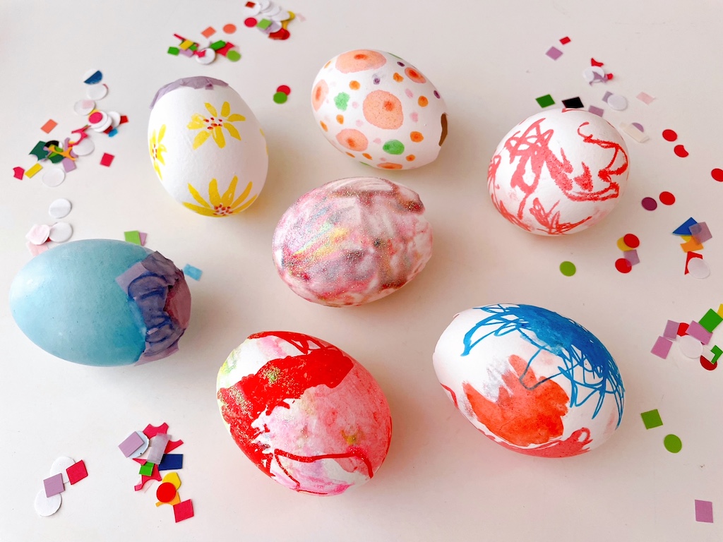 A variety of cascarones, Mexican confetti eggs, made by kids who would have been bored, otherwise.