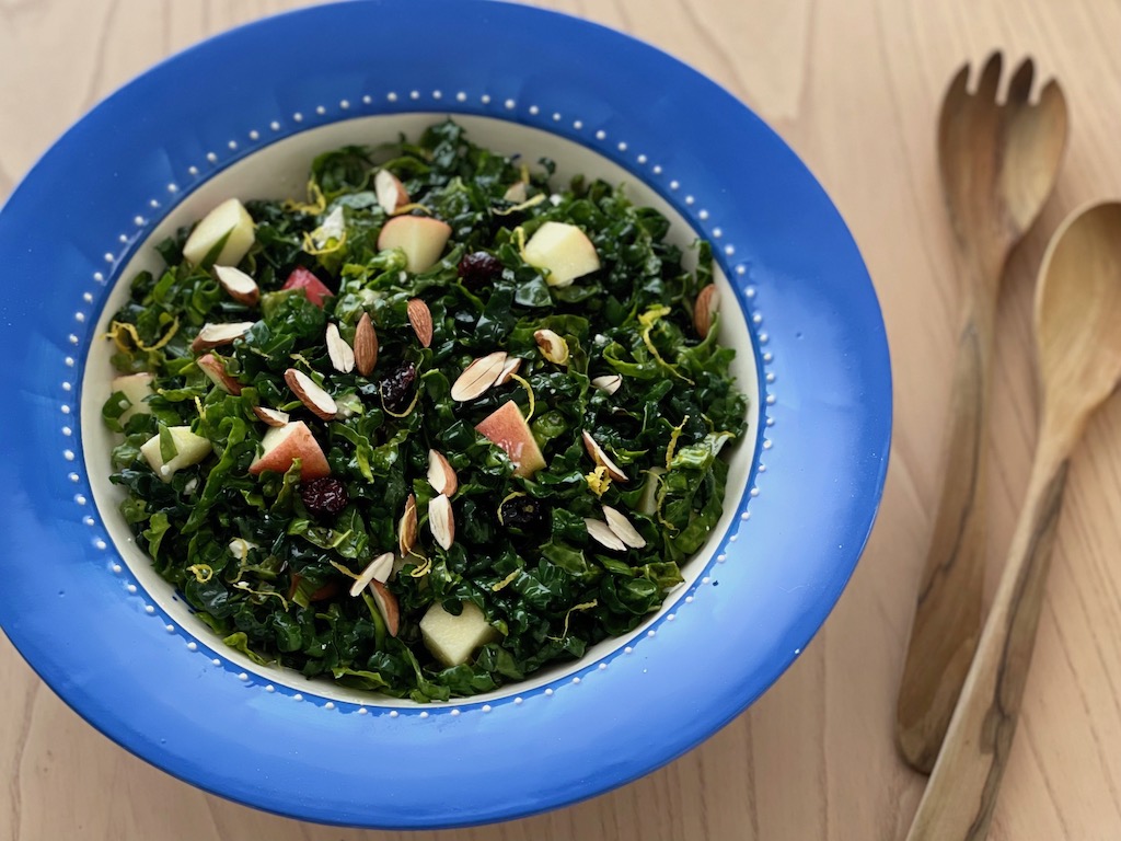 The best kale recipe is a salad that my kale-avoiding husband will eat. Apples, toasted nuts, and dried cranberries add appeal.