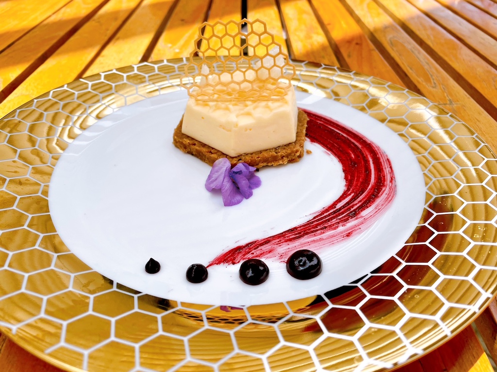 Dessert from the Restaurant at Getty Center features honeycomb-themed plating.
