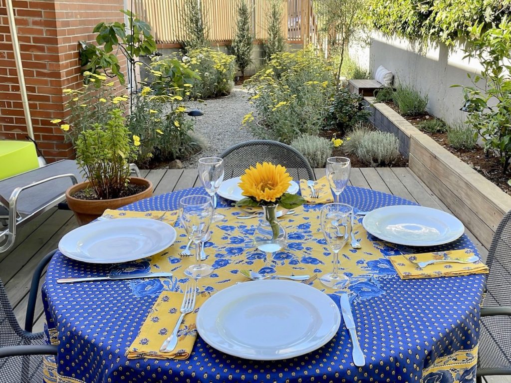 The table set in the garden for the birthday lunch.