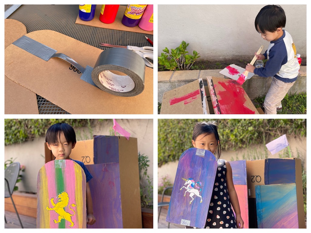 Children painting their cardboard forts and making cardboard shields--some good ways to play with grandkids.