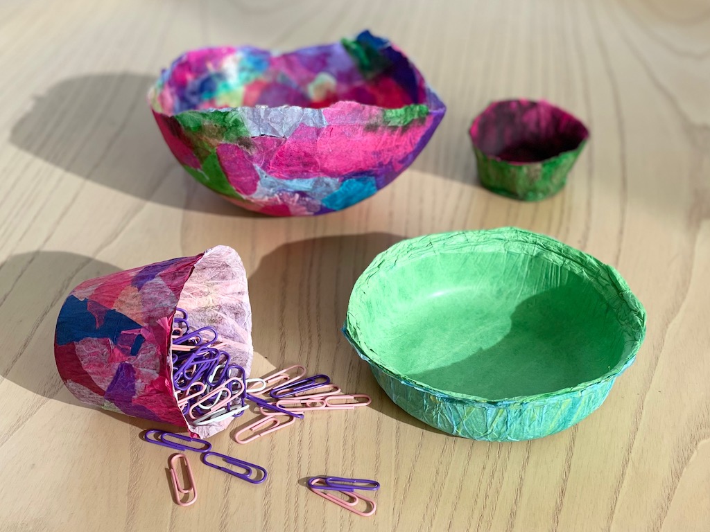Tissue paper bowls can be made with new or used tissue paper. They make great gifts that children can give for special occasions.
