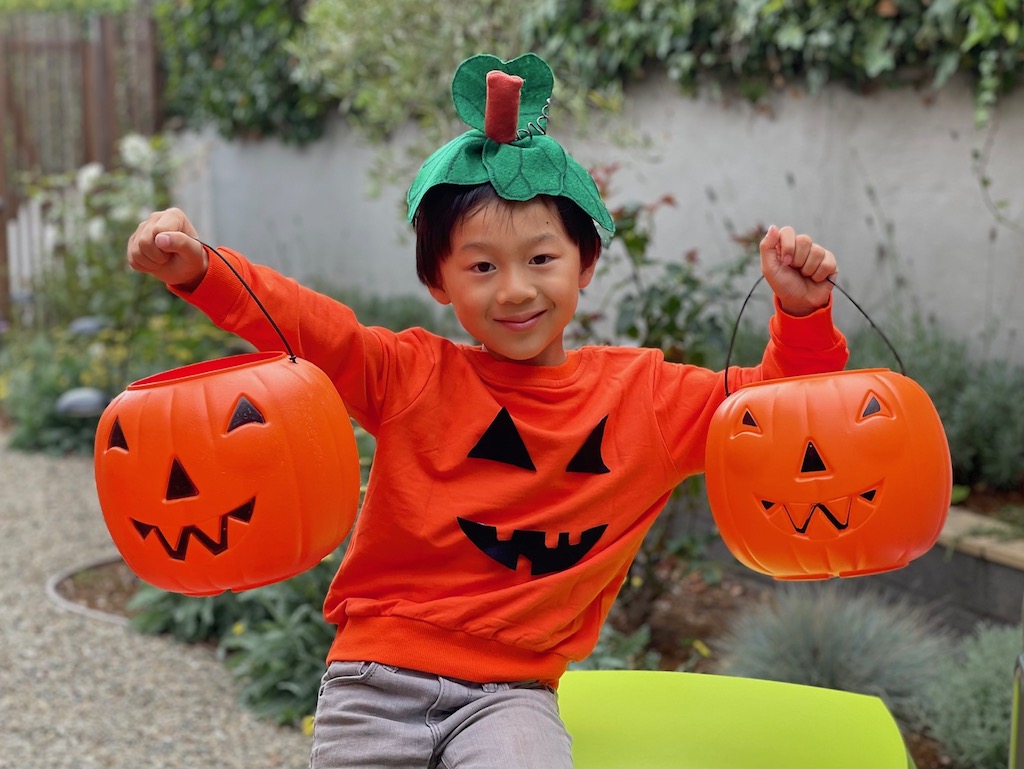 Jack-o-lantern is a simple Halloween costume made with an orange sweatshirt and a green felt leaf cap.