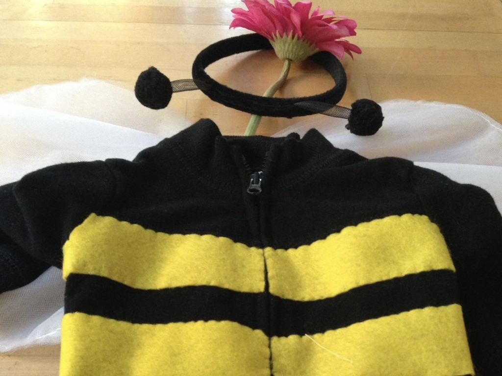 Stitch on yellow felt strips, add an antennae headband, and sheer wings. Stitch a flower to the back of the costume.