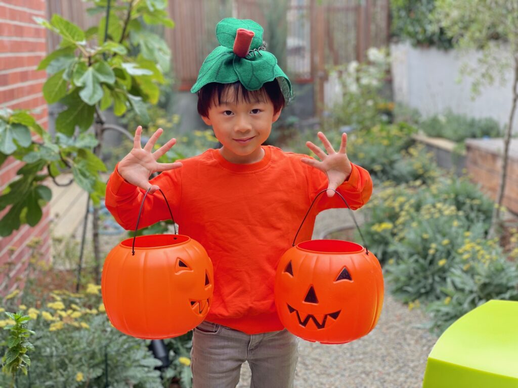 Without adding the jack-o-lantern face, this costume is a Halloween pumpkin.
