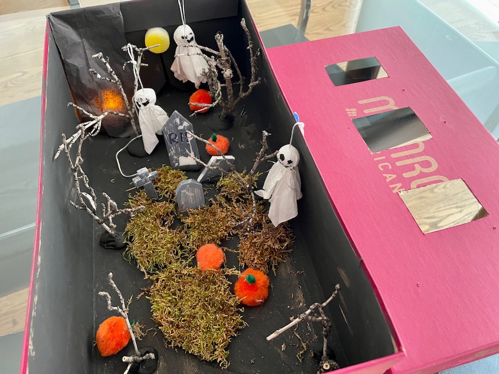 The inside of the Halloween diorama, with box lid removed.