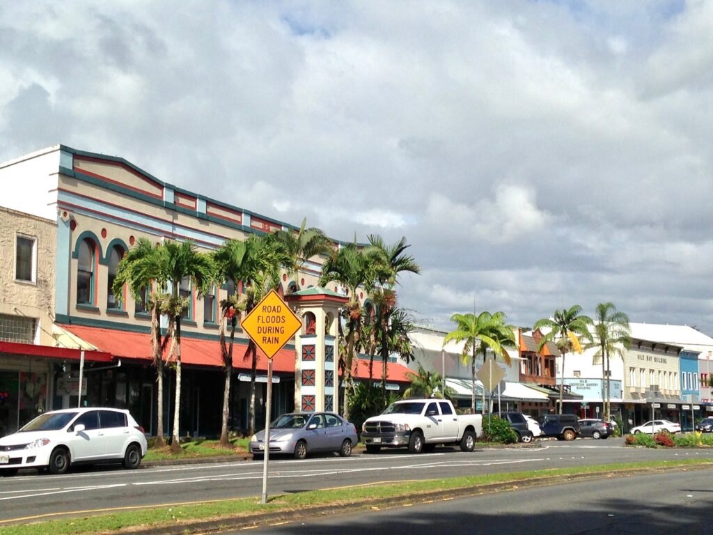 Hilo town, with its territorial architecture; many buildings are on the National Register of Historic Places.