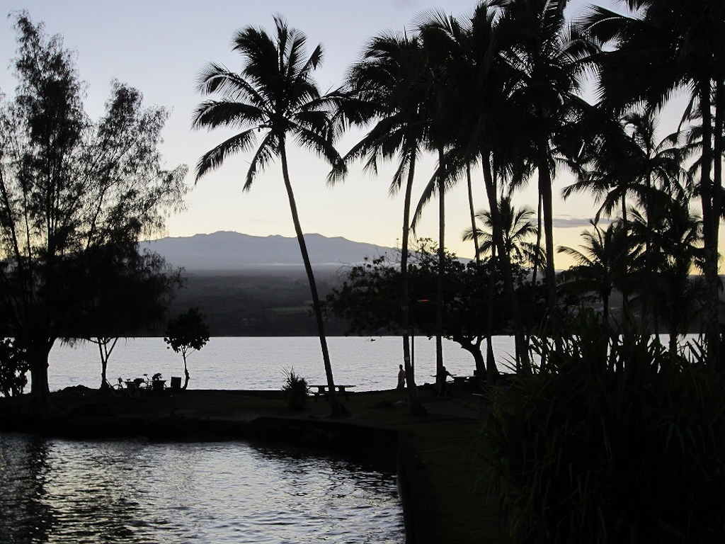 Twilight in Hilo on the Big Island of Hawaii with Mauna Kea in the background.