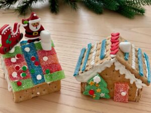 Graham cracker "gingerbread" houses made at a gingerbread house party.