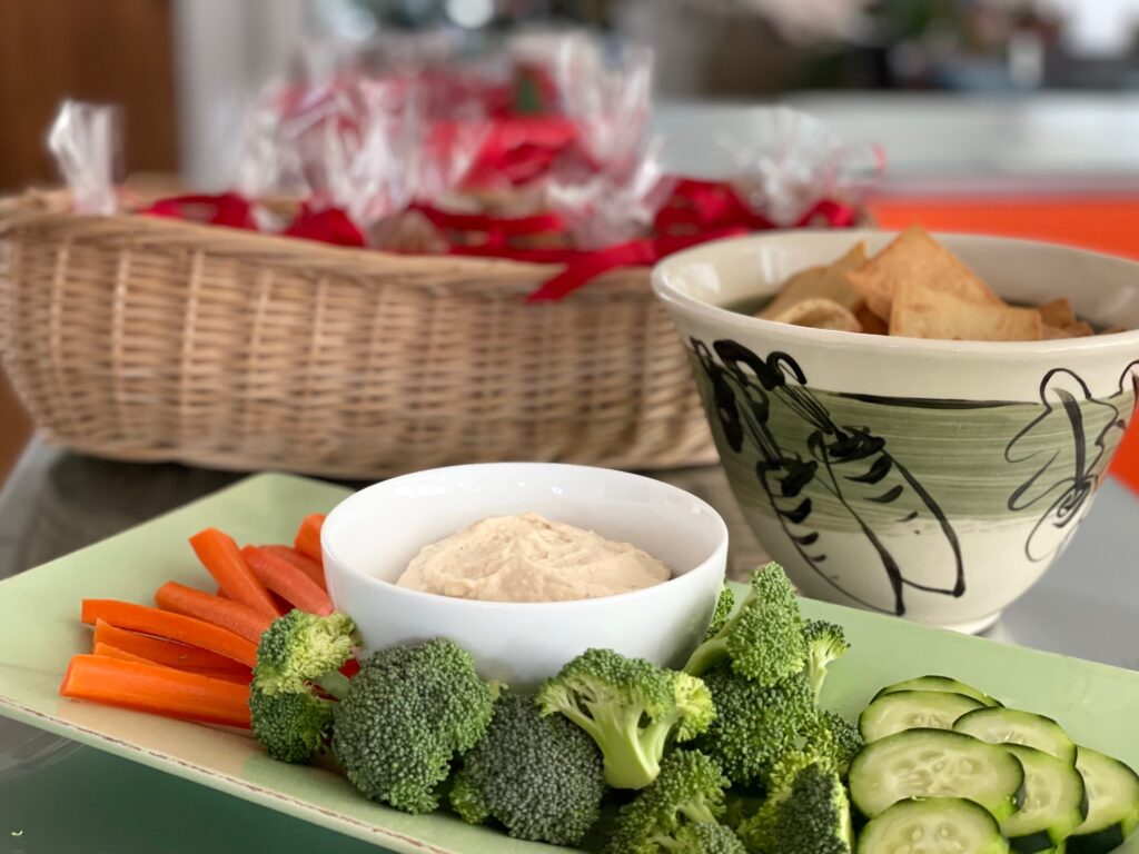 Hummus and pita chips for the gingerbread house party.