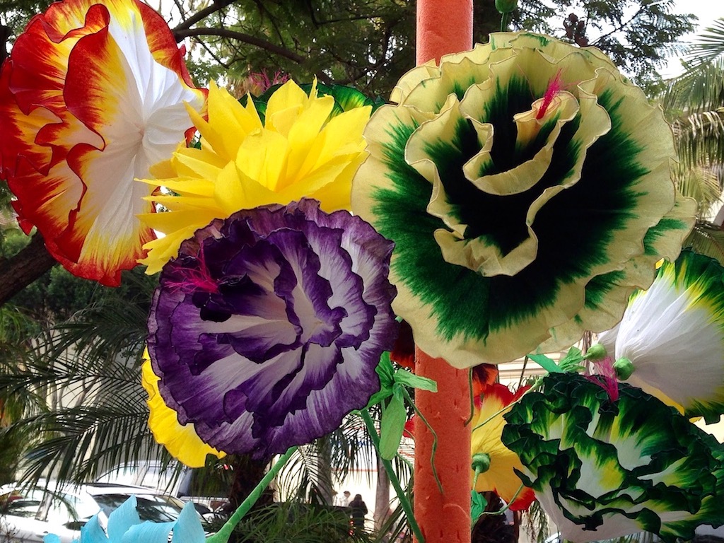 Mexican paper flowers during Old Spanish Days in Santa Barbara, California.