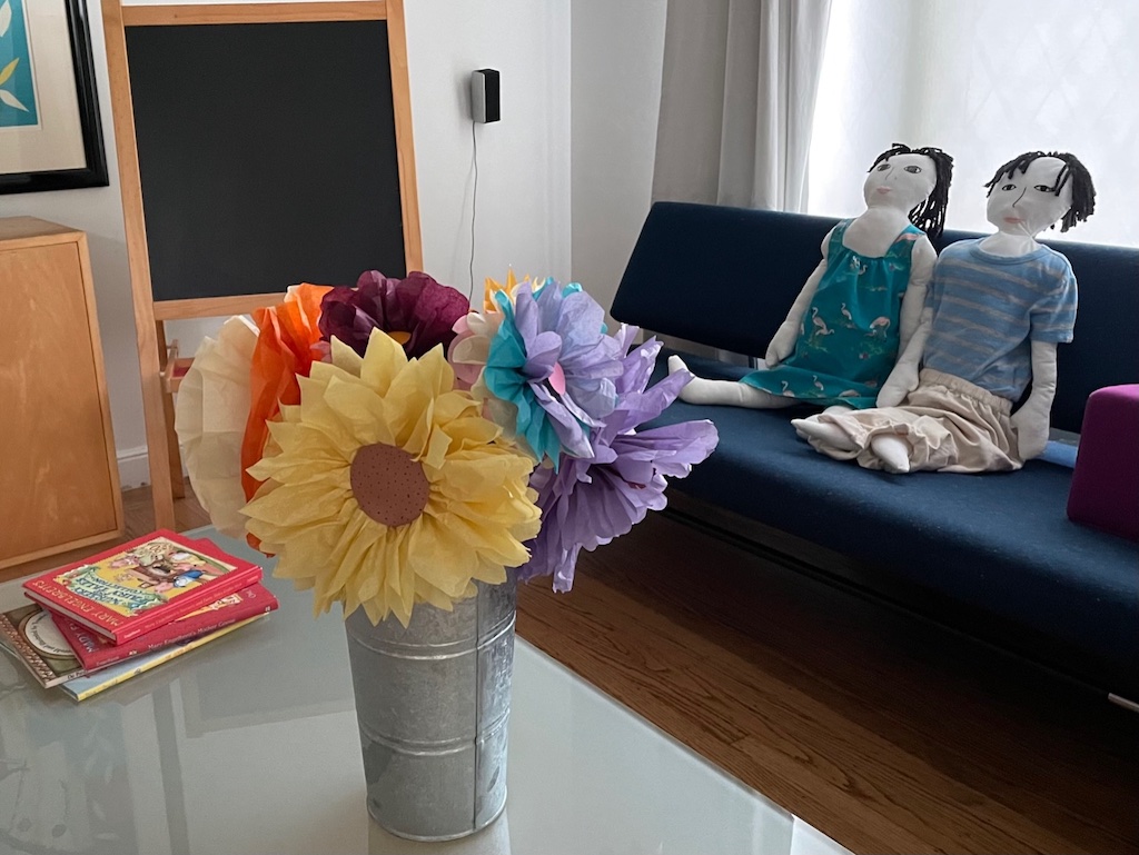 Mexican paper flowers in a French flower bucket.