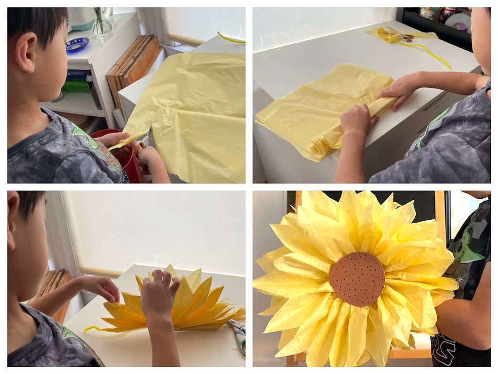 Child makes a paper sunflower: cut the tissue, accordion fold, cinch with a pipe cleaner, and fluff the petals.