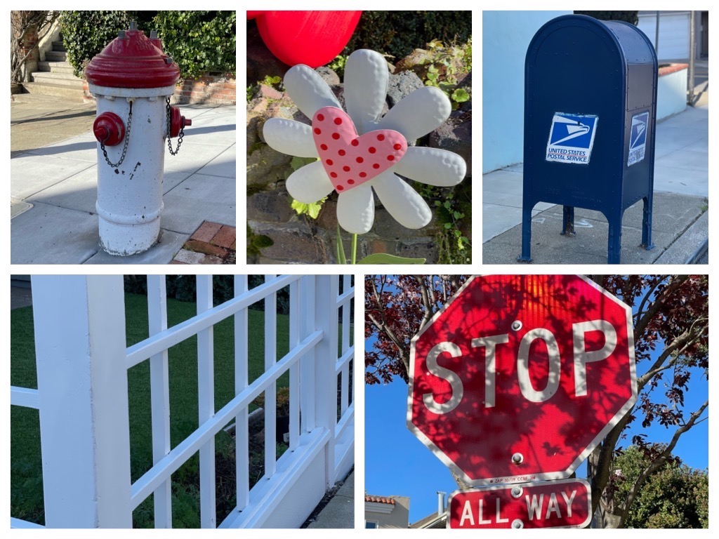 Some of the items to find on the scavenger hunt: fire hydrant, Valentine flower, mailbox, fence, and stop sign.
